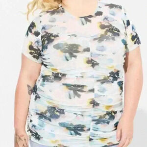 Torrid Stretch Mesh Crew Neck Rushed Floral Watercolor Blouse Top 3 3X 22/24